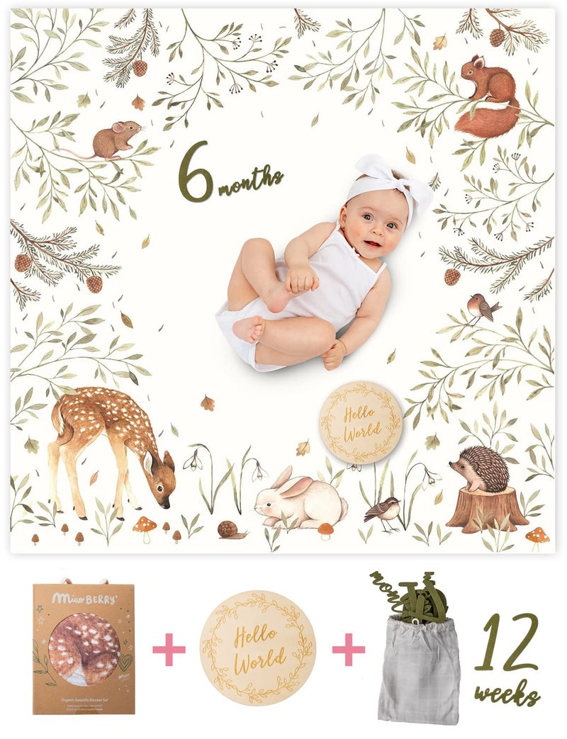 Miaoberry 100% Organic Cotton Muslin Monthly Baby Milestone Blanket with Wooden Hello World Newborn Sign, Newborn Photography Props, Birth Announcement Sign, Woodland - Image 2
