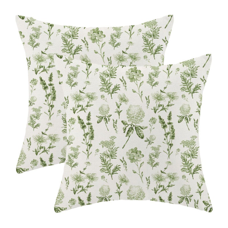 AEIOAE Sage Green Spring Pillow Covers 18x18 Inch Set of 2, Wild Flower Leaves Plant Throw Pillows Case,Seasonal Floral Outdoor Decorative Farmhouse Decor Cushion Covers for Home Sofa Bed Couch - Image 1