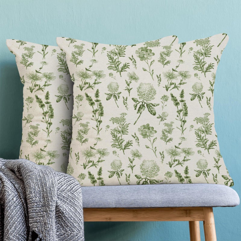 AEIOAE Sage Green Spring Pillow Covers 18x18 Inch Set of 2, Wild Flower Leaves Plant Throw Pillows Case,Seasonal Floral Outdoor Decorative Farmhouse Decor Cushion Covers for Home Sofa Bed Couch - Image 2