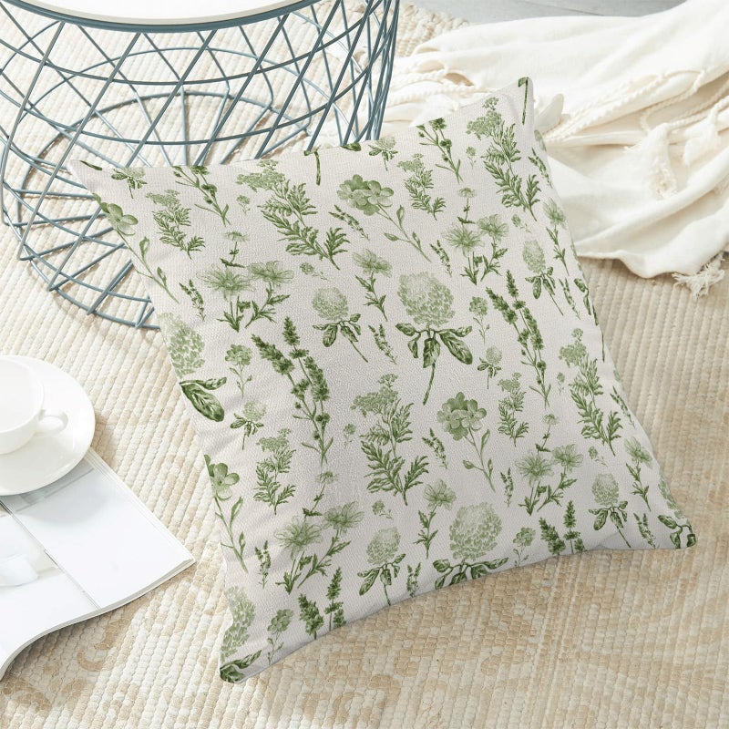 AEIOAE Sage Green Spring Pillow Covers 18x18 Inch Set of 2, Wild Flower Leaves Plant Throw Pillows Case,Seasonal Floral Outdoor Decorative Farmhouse Decor Cushion Covers for Home Sofa Bed Couch - Image 4