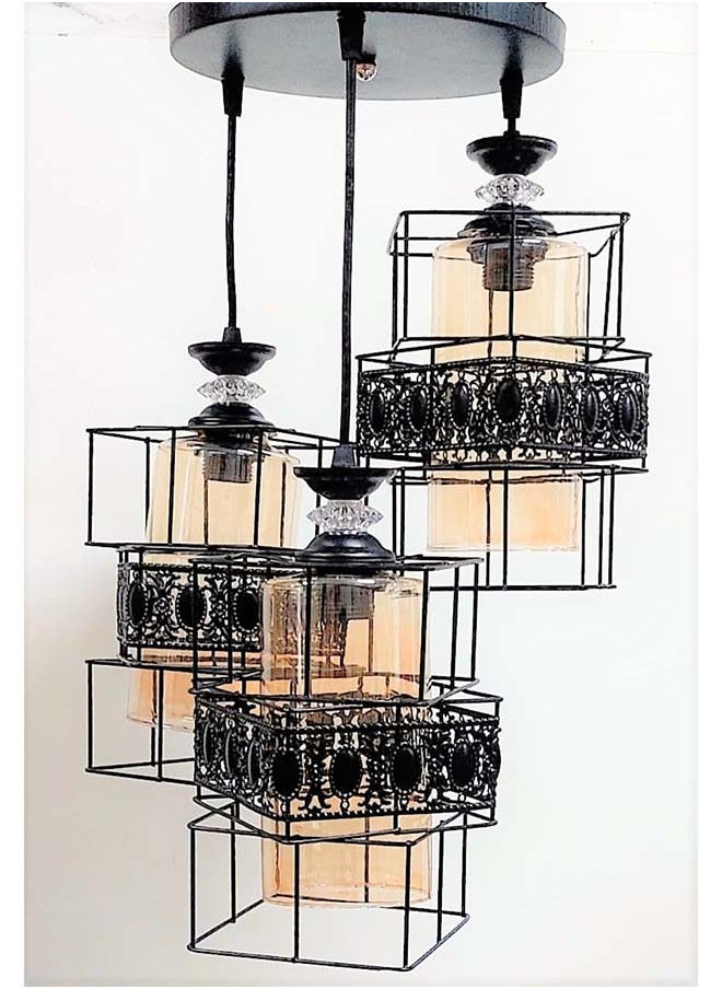 Generic Triple Chandelier, Metal And Glass 