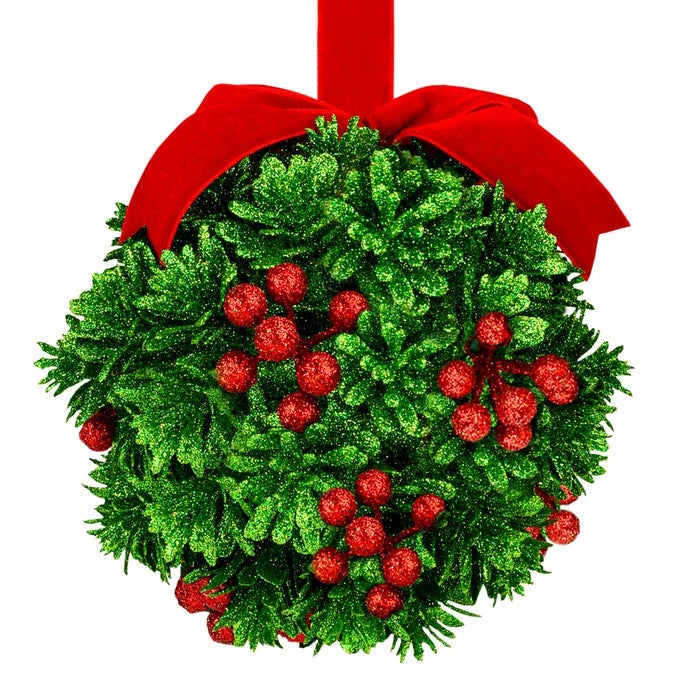 5 Glitter Mistletoe Kissing Ball Christmas Ornament Hanging Mistletoe Decoration for Doorway Kiss Mistletoe Ornament Christmas Mistletoe Ball with Red Berries Friendship Holiday Decoration