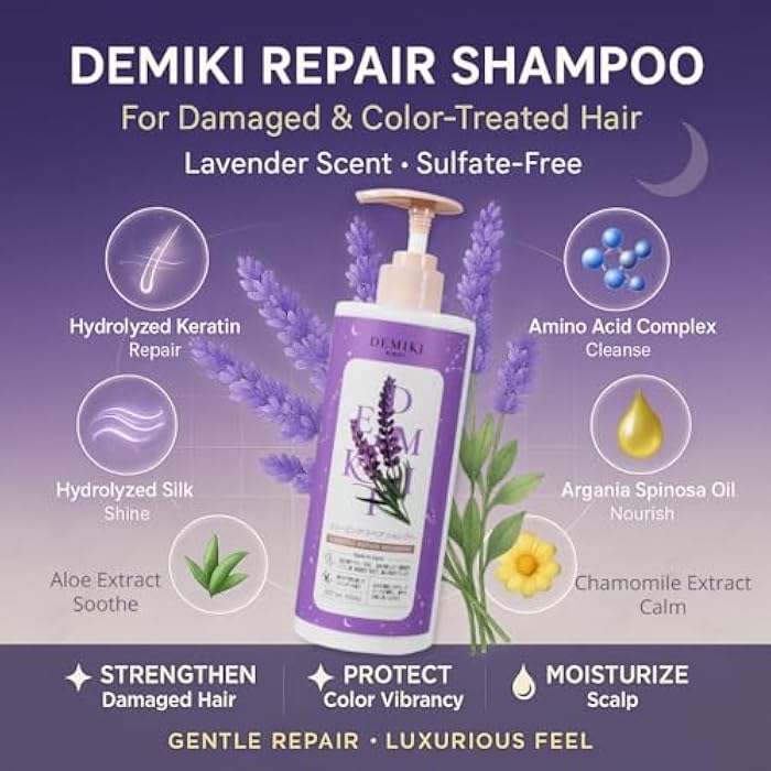 DEMIKI Shampoo for Women,Japanese Shampoo for Damaged Hair,Lavender Perfume,Sulfate Free,Keratin Care, Color Safe, Gentle for Color Treated Hair, Moisturizing Hair Care, Anti Dandruff 450ml,16oz - Image 3