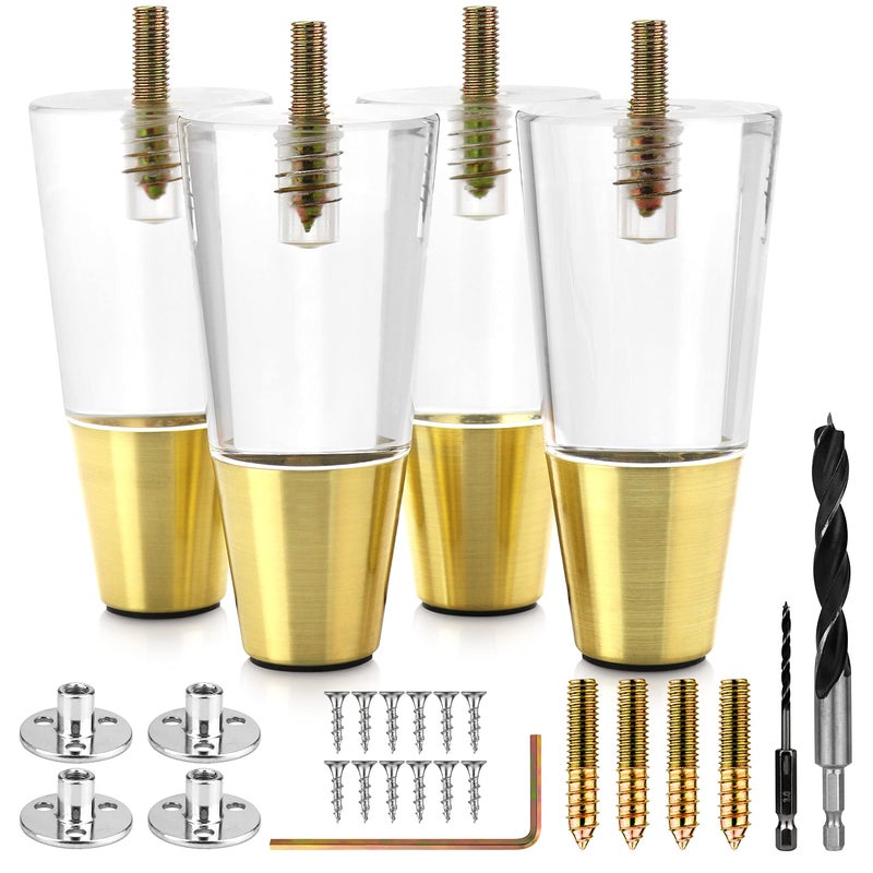 Acrylic Furniture Legs With Gold Caps  Mid Century Legs For Couch Sofa Chair Table Dresser Bed Cabinet  Furniture Feet Are Easy To Install  Include Installation Hardware  Set of 4 4 Inches