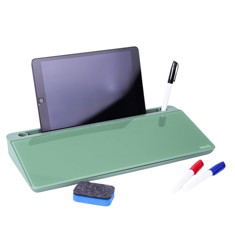 Birch Small Desktop Whiteboard â€“ Glass Dry Erase Board Desk Pad Keyboard Stand with Storage Compartment 3 Markers & Marker Holder â€“ Perfect for Office, Home, & School (Moss) - Image 1