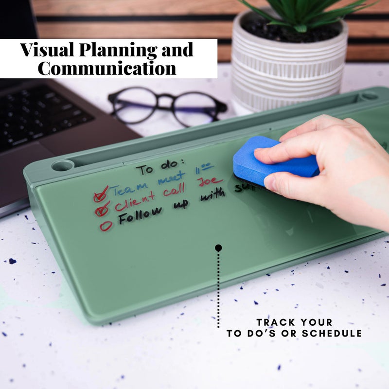 Birch Small Desktop Whiteboard â€“ Glass Dry Erase Board Desk Pad Keyboard Stand with Storage Compartment 3 Markers & Marker Holder â€“ Perfect for Office, Home, & School (Moss) - Image 3