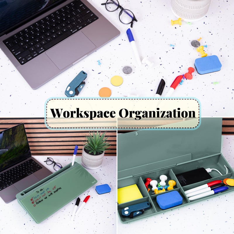 Birch Small Desktop Whiteboard â€“ Glass Dry Erase Board Desk Pad Keyboard Stand with Storage Compartment 3 Markers & Marker Holder â€“ Perfect for Office, Home, & School (Moss) - Image 4