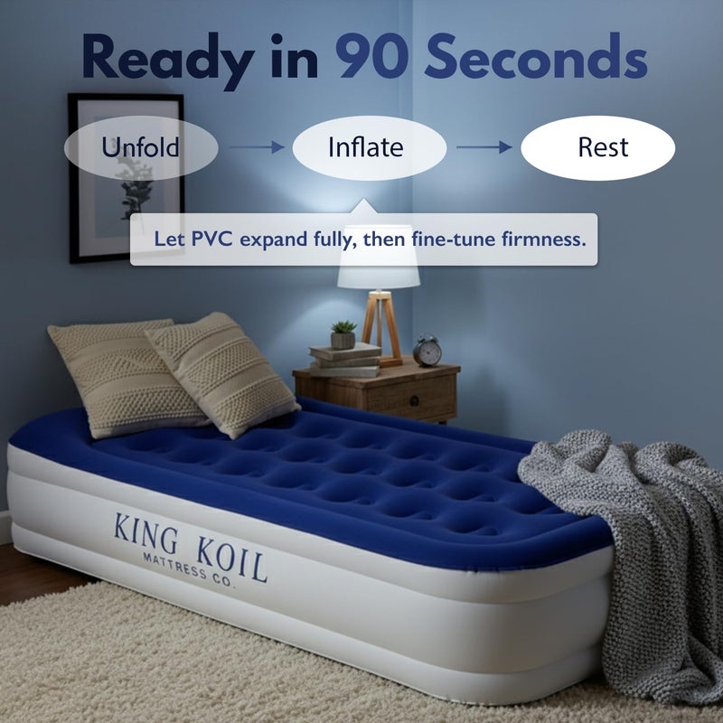 King Koil Luxury Twin Air Mattress with Built-in Pillow Top & Integrated High-Speed Patented Pump â€“ 20" Inflatable Twin Blow Up Airbed for Camping, Home & Guests, Waterproof, 1-Year Warranty - Image 4