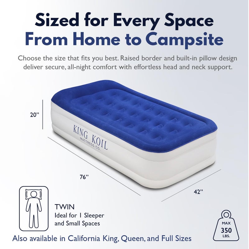 King Koil Luxury Twin Air Mattress with Built-in Pillow Top & Integrated High-Speed Patented Pump â€“ 20" Inflatable Twin Blow Up Airbed for Camping, Home & Guests, Waterproof, 1-Year Warranty - Image 1