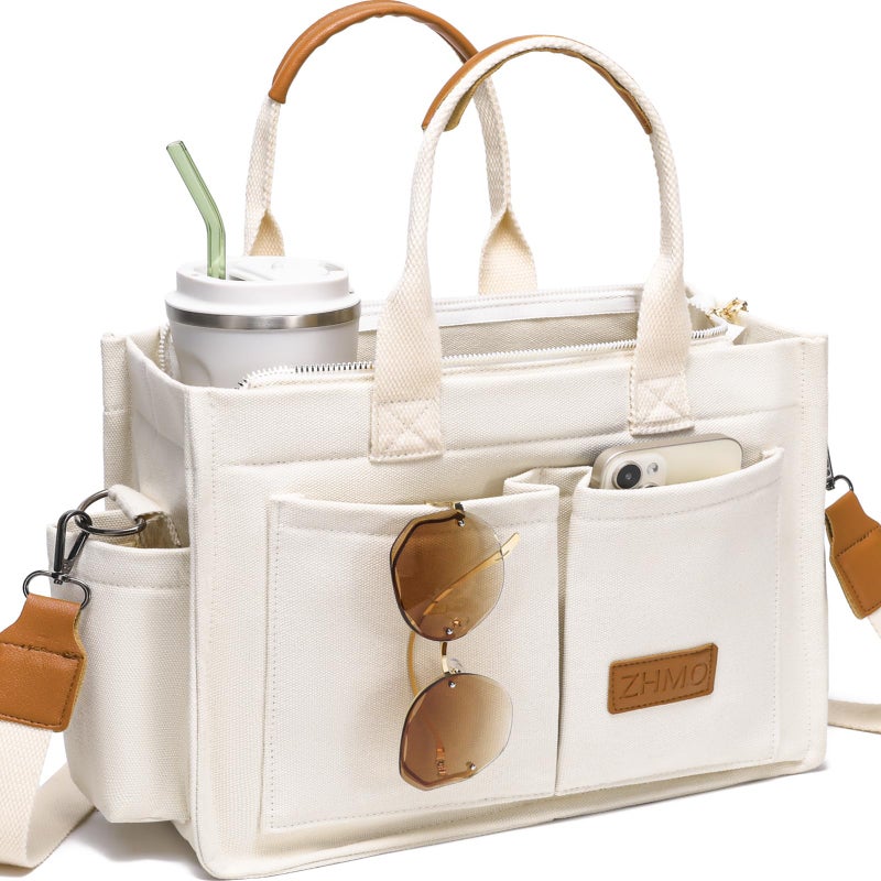 ZHMO Canvas Tote Bag for Women With Compartments and Zipper,White Women's Bags Crossbody Bags Work Laptop Tote Bag Large Satchels Handbag Tote Purse Everyday Shoulder Bag for Travel Nurse Teacher Gift - Image 1