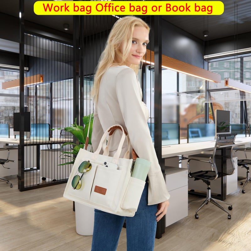 ZHMO Canvas Tote Bag for Women With Compartments and Zipper,White Women's Bags Crossbody Bags Work Laptop Tote Bag Large Satchels Handbag Tote Purse Everyday Shoulder Bag for Travel Nurse Teacher Gift - Image 2