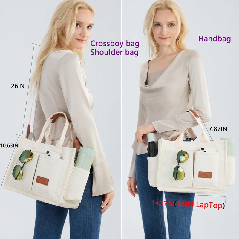 ZHMO Canvas Tote Bag for Women With Compartments and Zipper,White Women's Bags Crossbody Bags Work Laptop Tote Bag Large Satchels Handbag Tote Purse Everyday Shoulder Bag for Travel Nurse Teacher Gift - Image 3