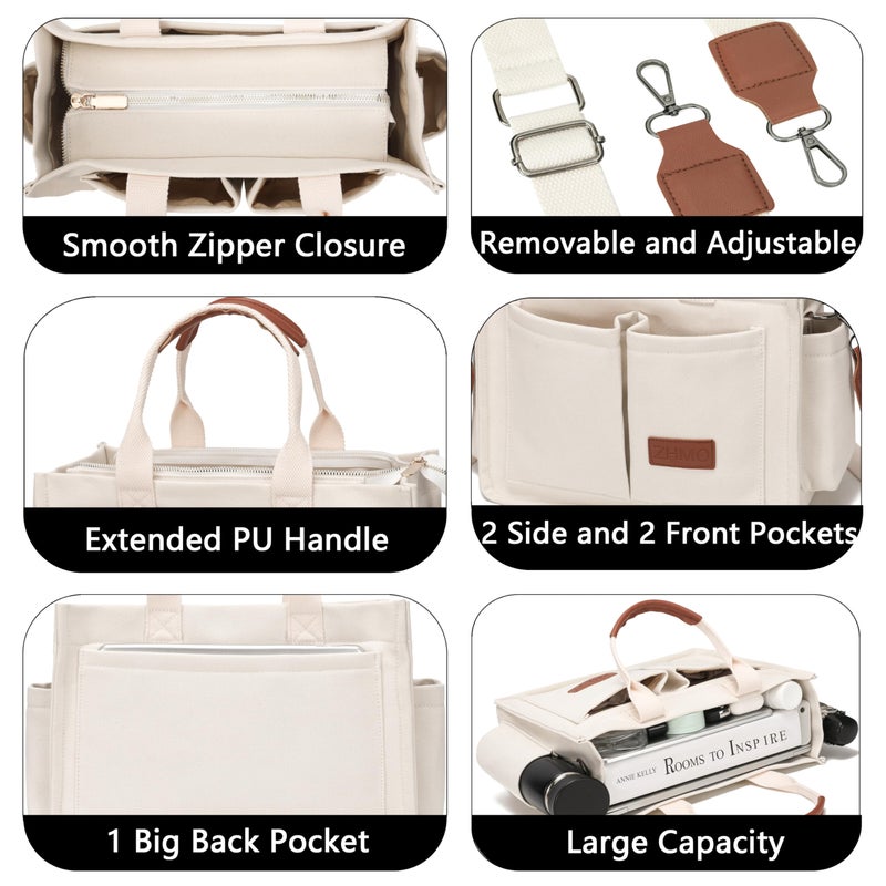 ZHMO Canvas Tote Bag for Women With Compartments and Zipper,White Women's Bags Crossbody Bags Work Laptop Tote Bag Large Satchels Handbag Tote Purse Everyday Shoulder Bag for Travel Nurse Teacher Gift - Image 5