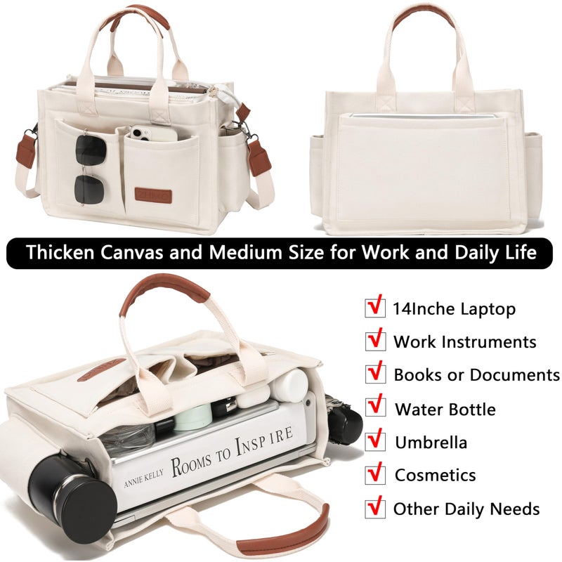 ZHMO Canvas Tote Bag for Women With Compartments and Zipper,White Women's Bags Crossbody Bags Work Laptop Tote Bag Large Satchels Handbag Tote Purse Everyday Shoulder Bag for Travel Nurse Teacher Gift - Image 4