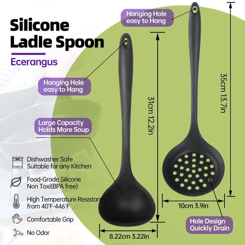Ecerangus Silicone Soup Ladle Spoon Set Of 2 Silicone Nonstick Large Skimmer Slotted Spoons Kitchen Ladle Strainer Spoons Heat Resistant Cooking Utensil For Cooking Stirring Serving Draining Frying - Image 2