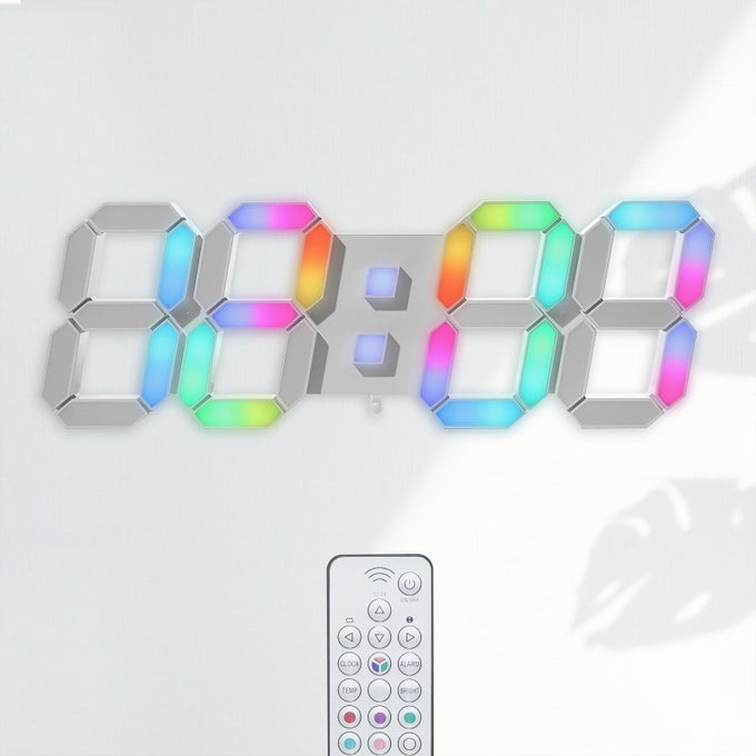 LED WALL CLOCK 15 RGB DIGITAL LED CLOCK FOR LIVING ROOM DECOR LARGE DISPLAY GAMING ROOM CLOCKS DIMMING1224 HR TIMEDATETEMPREMOTE WHITE CLOCK WITH NEON LIGHT