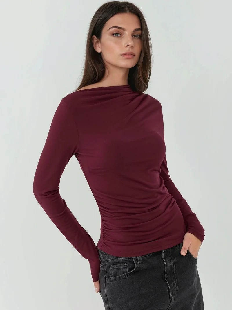 HICCUP Boat Neck Blouse with Gathering Detail