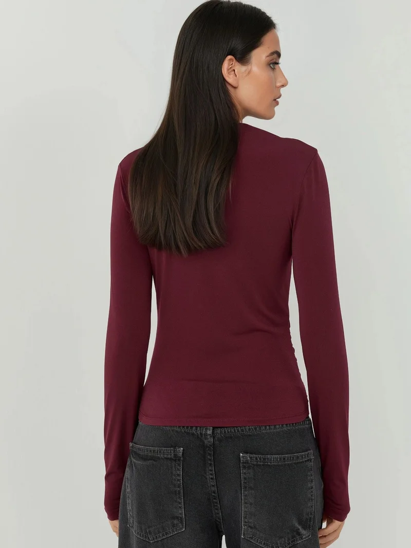 Hiccup Burgundy Red Boat Neck Blouse with Gathering Detail for Women | Best Price UAE