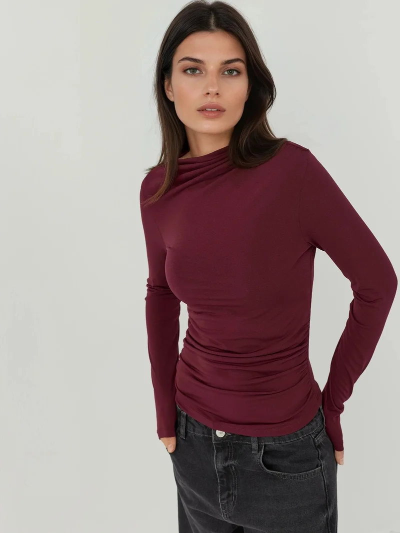 Hiccup Burgundy Red Boat Neck Blouse with Gathering Detail for Women | Best Price UAE