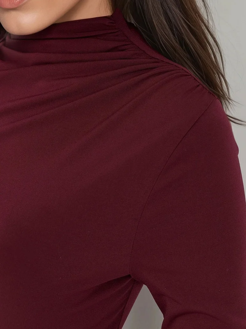 Hiccup Burgundy Red Boat Neck Blouse with Gathering Detail for Women | Best Price UAE