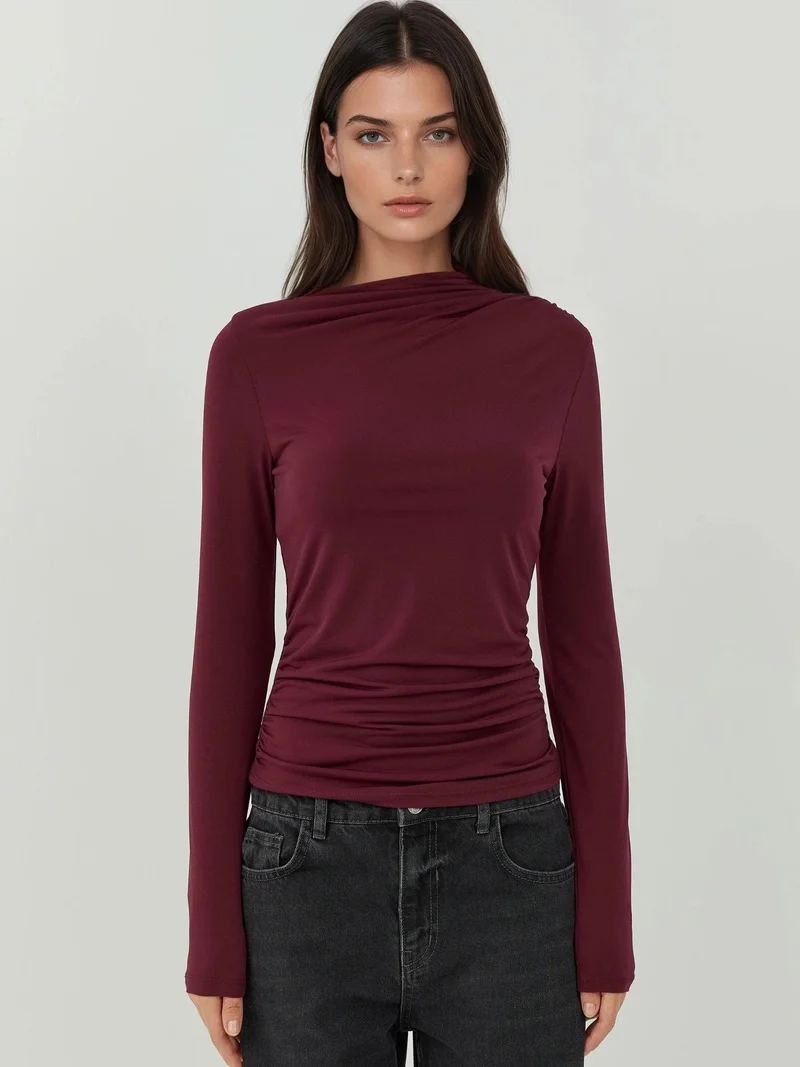 Hiccup Burgundy Red Boat Neck Blouse with Gathering Detail for Women | Best Price UAE