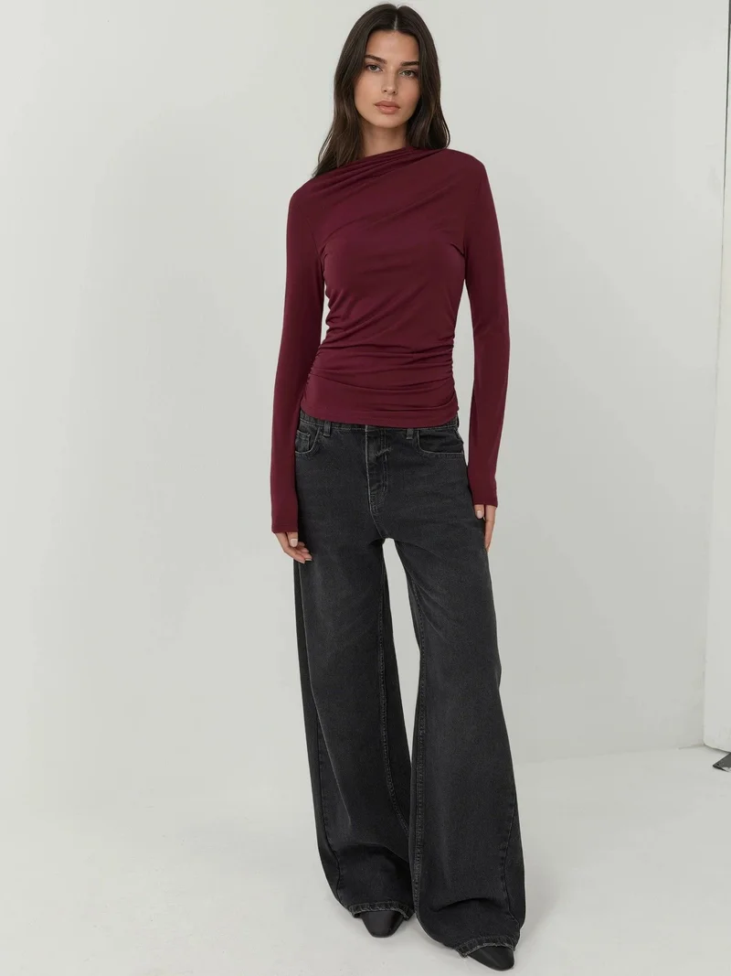 Hiccup Burgundy Red Boat Neck Blouse with Gathering Detail for Women | Best Price UAE