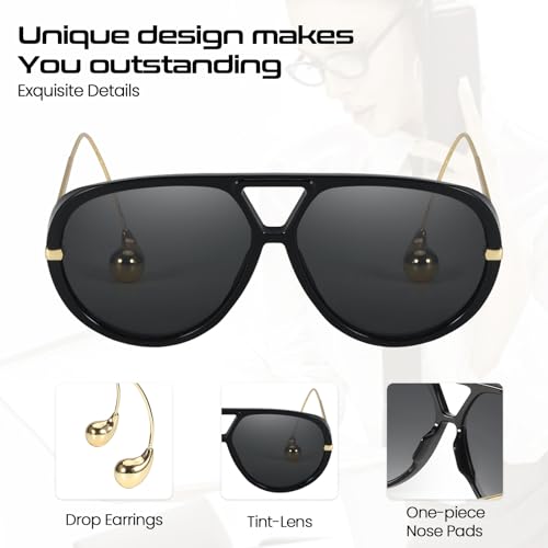 SODQW Oversized Aviator Sunglasses for Women With Earring Trendy Large Big 2025 Designer Shades Adjustable Temples - Image 4