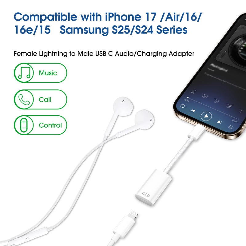 TechMatte Female Lightning to Male USB C Adapter Cable Audio Headphone Data Sync PD Charging for iPhone 17 Pro Max Air 16 15, Android, Earphone iPad MacBook, Not for OTG and Speakers (1 PCS) - Image 2