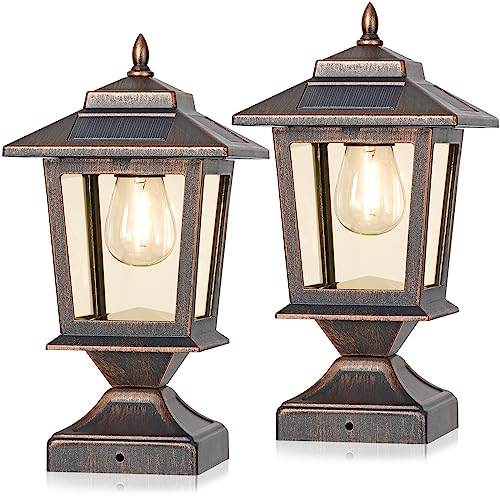 Derynome Solar Post Cap Lights, Waterproof Outdoor Light for 4x4 Wooden Posts, Solar Lights with Glass Shade for Deck Fence Patio Post Decor,Bronze (2 Pack) - Image 1