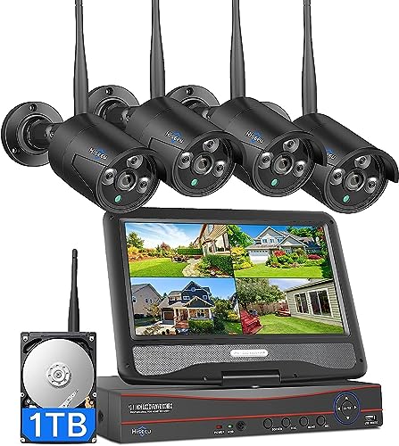 Hiseeu Home Security Camera System, 24/7 Recording Wired Plug-in Powered 4Pcs 5MP Outdoor Cameras, 10.1" LCD 16CH 8MP NVR&Monitor, One-Way Audio, Motion Detection, 1TB HDD, 2.4G/5G Wireless WiFi Pro - Image 1