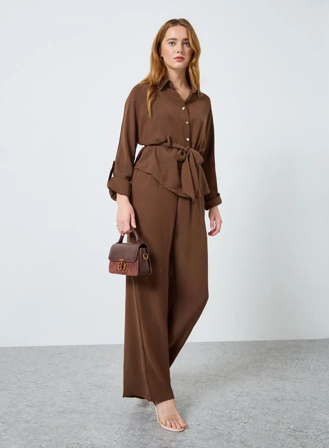 Take Two Women Belted Roll-Up Sleeve Shirt and Pants Co-Ords