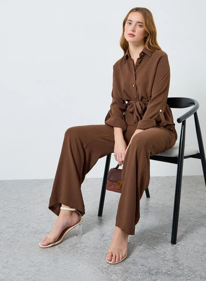 Take Two Women Belted Roll-Up Sleeve Shirt and Pants Co-Ords