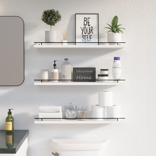 WOPITUES Floating Shelves 24 inch with Gold Metal Guardrail, Shelves for Wall Decor Set of 3, Wall Shelves for Bedroom, Bathroom, Kitchen, Living Room, Plants, Picture Frames, Art- Black and White - Image 3