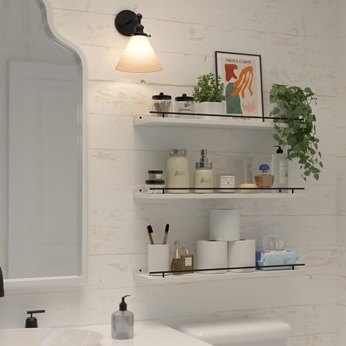 WOPITUES Floating Shelves 24 inch with Gold Metal Guardrail, Shelves for Wall Decor Set of 3, Wall Shelves for Bedroom, Bathroom, Kitchen, Living Room, Plants, Picture Frames, Art- Black and White - Image 4