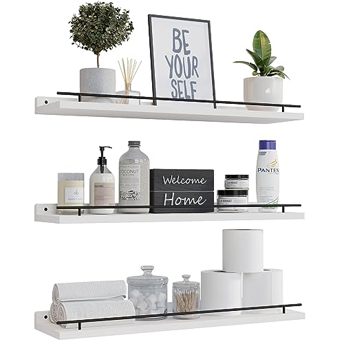 WOPITUES Floating Shelves 24 inch with Gold Metal Guardrail, Shelves for Wall Decor Set of 3, Wall Shelves for Bedroom, Bathroom, Kitchen, Living Room, Plants, Picture Frames, Art- Black and White - Image 1