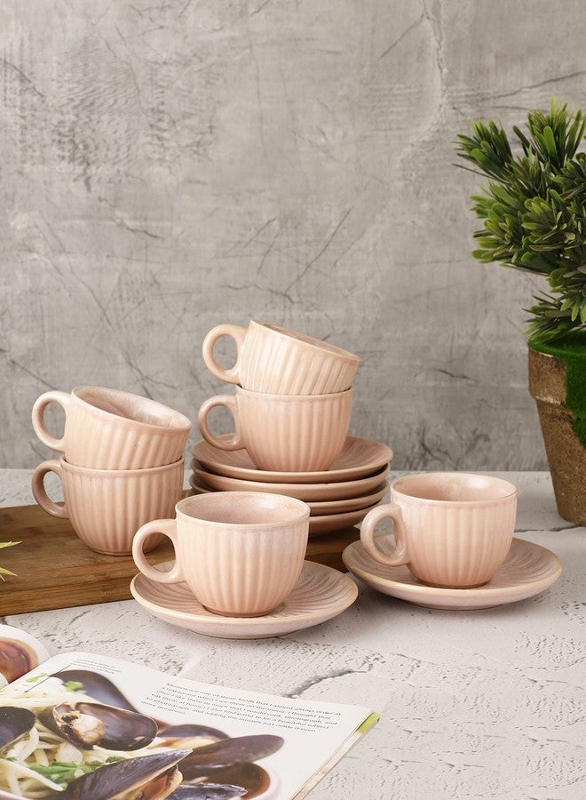 miah decor طقم أكواب شاي وصحون من الخزف الحجري الوردي المزجج من ميا ديكور، مكون من 6 قطع - طقم أنيق للشاي والقهوة | آمن للاستخدام في الميكروويف وغسالة الصحون | طقم أكواب مثالي للإهداء والاستخدام اليومي - Image 1