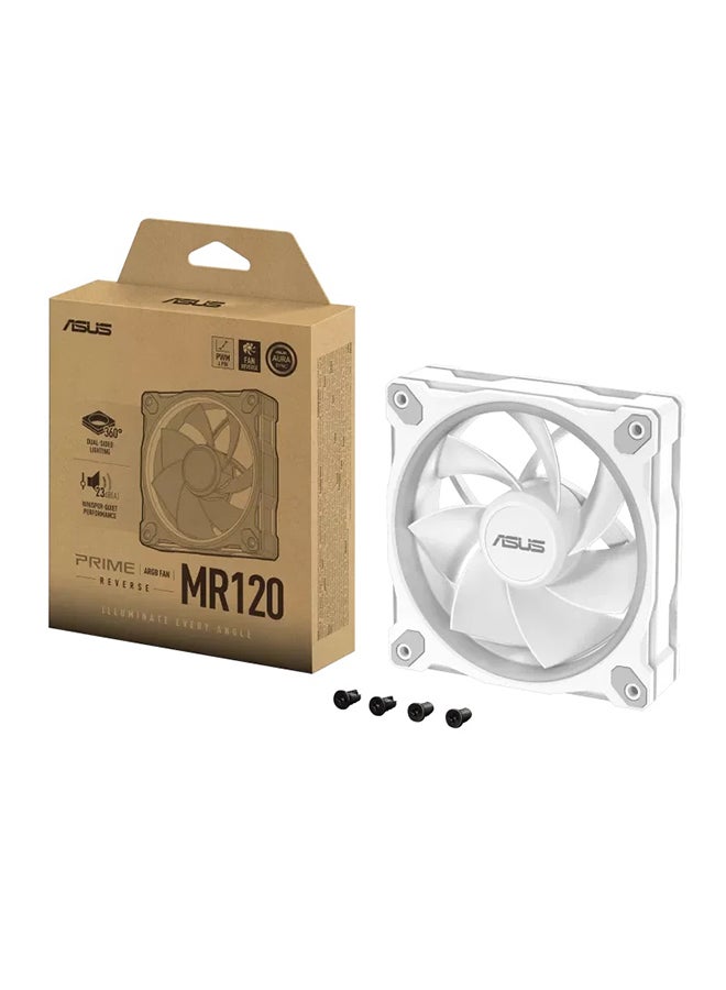 Prime MR120 ARGB Reverse 120mm PC Cooling Fan, 1600 RPM, 58 CFM Airflow, 1.38 mm H₂O Static Pressure, 23 dB(A) Noise Level, Sleeve Bearing, 20 Addressable RGB LEDs with Aura Sync, Extra-Thick 28mm Frame, White | 90DA00I3-B09000