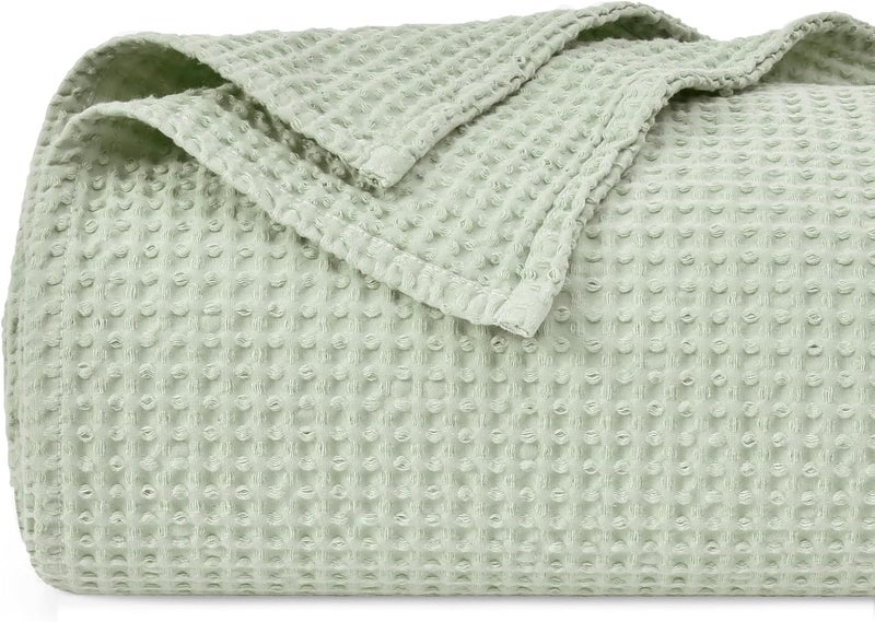 PHF 100% Cotton Waffle Weave Blanket King Size 220 x 240cm, Pre-Washed Lightweight Breathable Throw Blanket for Summer, Oeko-TEX Certified for Bed Couch Sofa, Home Decor, Sage Green - Image 1