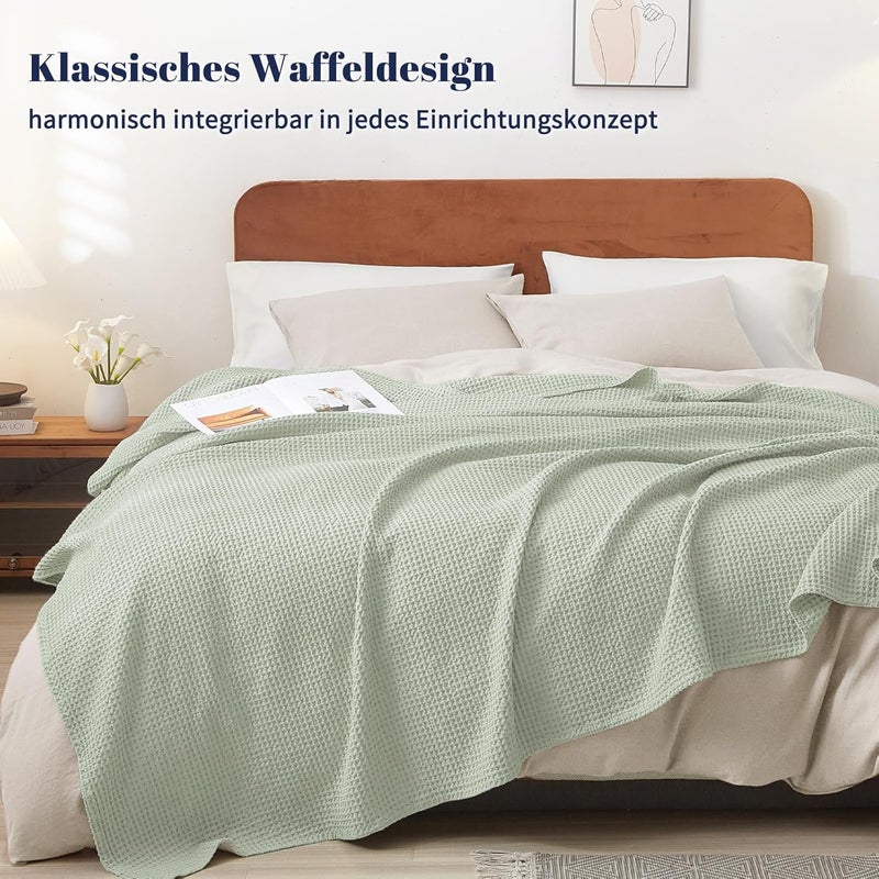 PHF 100% Cotton Waffle Weave Blanket King Size 220 x 240cm, Pre-Washed Lightweight Breathable Throw Blanket for Summer, Oeko-TEX Certified for Bed Couch Sofa, Home Decor, Sage Green - Image 2