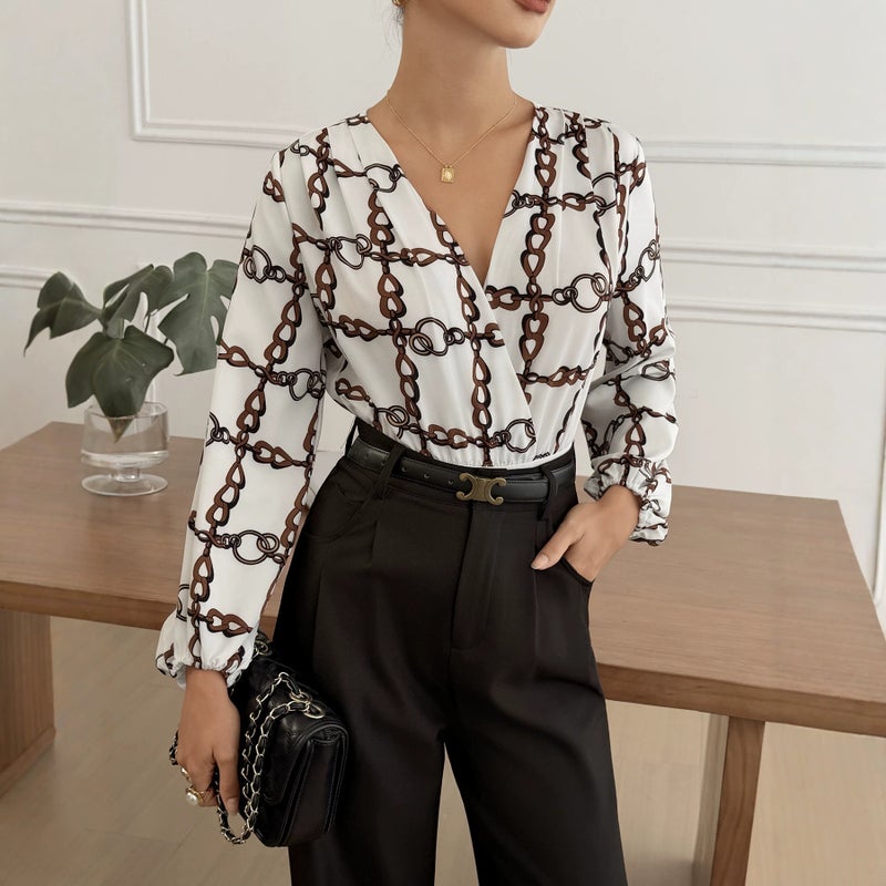 Women's Chain Print Jumpsuit with Long Puff Sleeves - Image 2