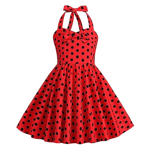 ODIZLI Kids Girls 50s Vintage Polka Dot Dress Retro Rockability Girls 1950s Princess Girl Dress Retro 1950s Dresses Kids Halter Party Dress for Carnival Christmas Dresses for Girls Polka Dot Red 9-10 Years - Image 1