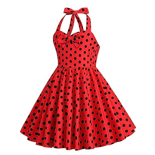 ODIZLI Kids Girls 50s Vintage Polka Dot Dress Retro Rockability Girls 1950s Princess Girl Dress Retro 1950s Dresses Kids Halter Party Dress for Carnival Christmas Dresses for Girls Polka Dot Red 9-10 Years - Image 3