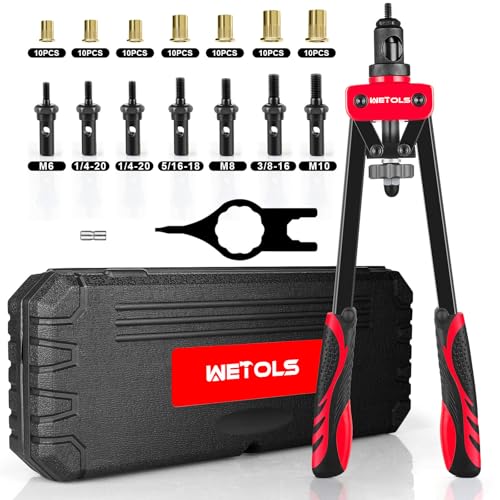 WETOLS Rivet Nut Tool Kit, 14-Inch Rivnut Tool with 7 Metric and SAE Mandrels, Professional Hand Riveter with 70Pcs Rivnuts Assortment Kit, Manual Rivet Nut Gun with Rugged BMC Case - Image 1