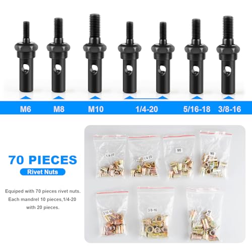 WETOLS Rivet Nut Tool Kit, 14-Inch Rivnut Tool with 7 Metric and SAE Mandrels, Professional Hand Riveter with 70Pcs Rivnuts Assortment Kit, Manual Rivet Nut Gun with Rugged BMC Case - Image 5