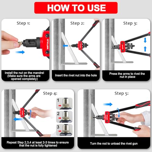 WETOLS Rivet Nut Tool Kit, 14-Inch Rivnut Tool with 7 Metric and SAE Mandrels, Professional Hand Riveter with 70Pcs Rivnuts Assortment Kit, Manual Rivet Nut Gun with Rugged BMC Case - Image 3