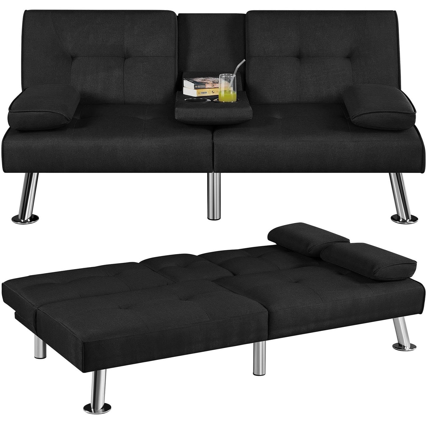 Yaheetech Convertible Sofa Bed Adjustable Fabric Couch Sleeper Modern Recliner Reversible Loveseat Folding Daybed Guest Bed Removable Armrests Cup Holders 3 Angles 772lb Capacity Black