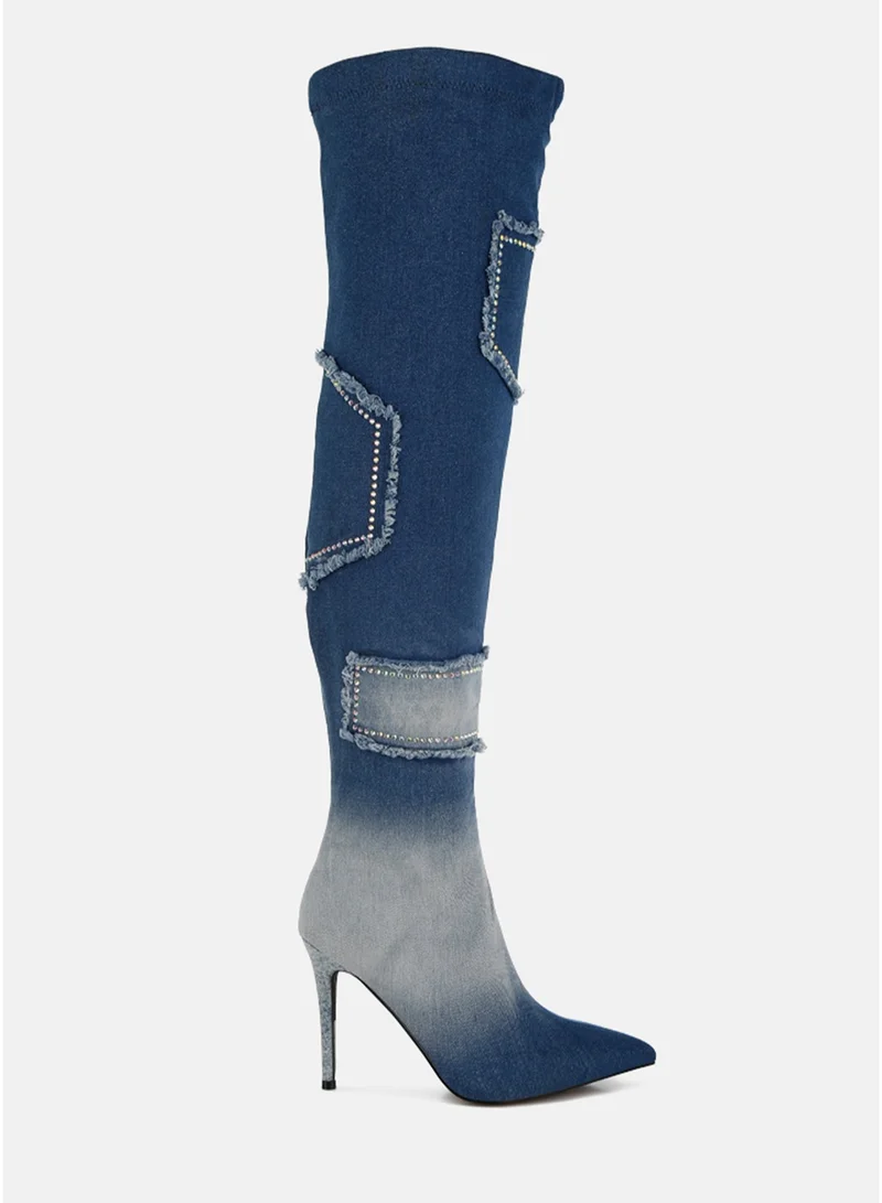 Rhinestones Knee High Denim Boots in Dark Blue