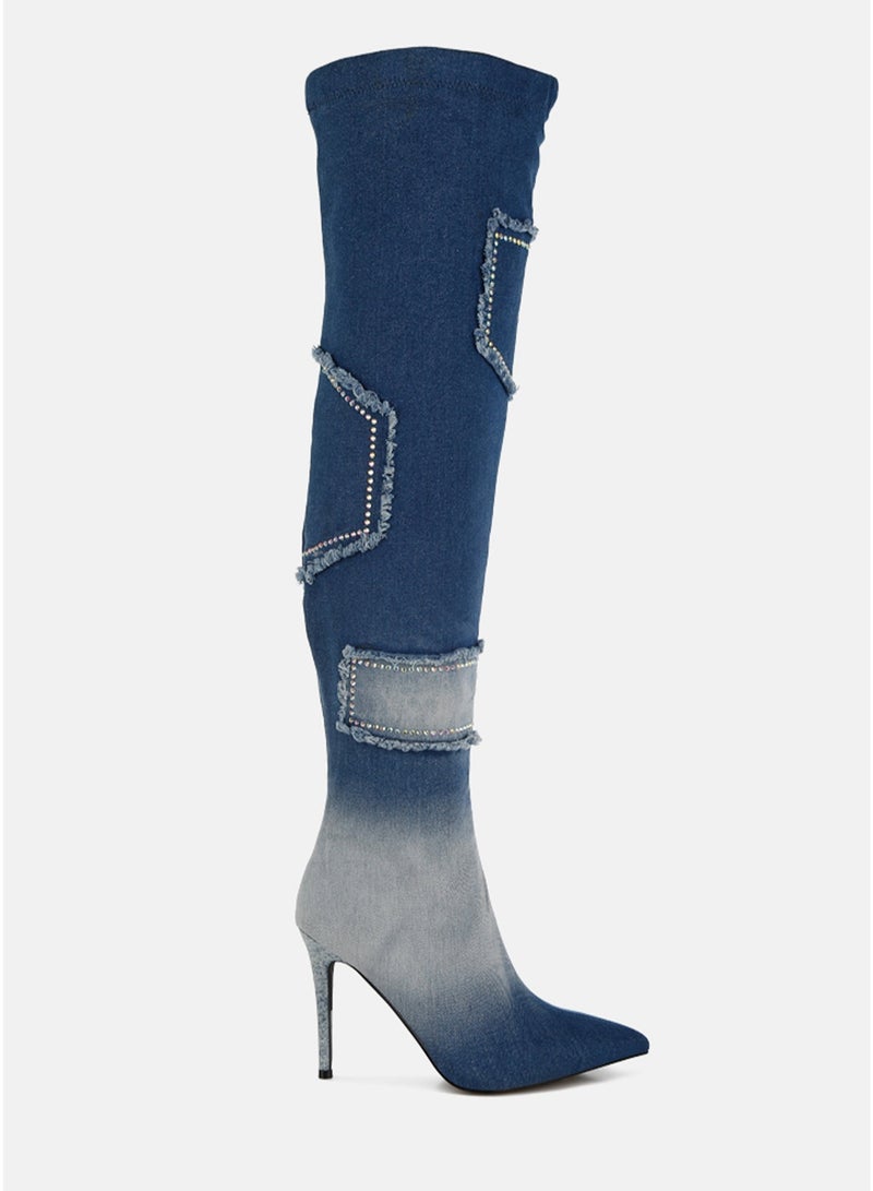 London Rag Rhinestones Knee High Denim Boots in Dark Blue - Image 1