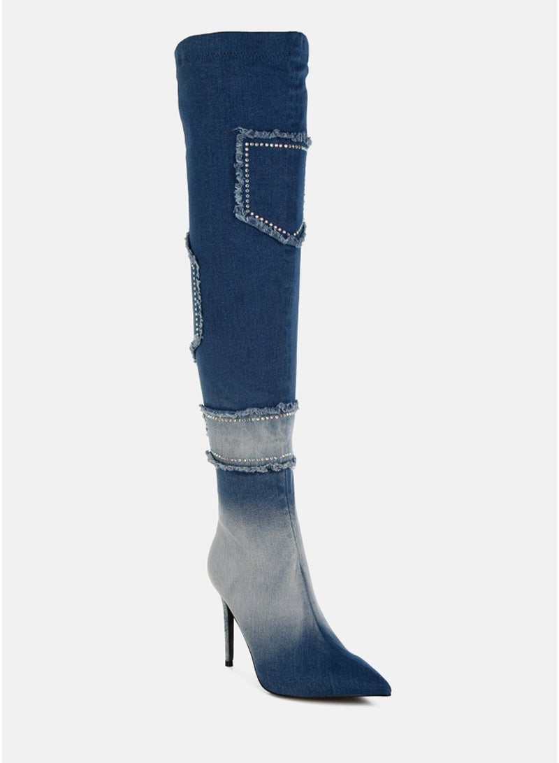 London Rag Rhinestones Knee High Denim Boots in Dark Blue - Image 2