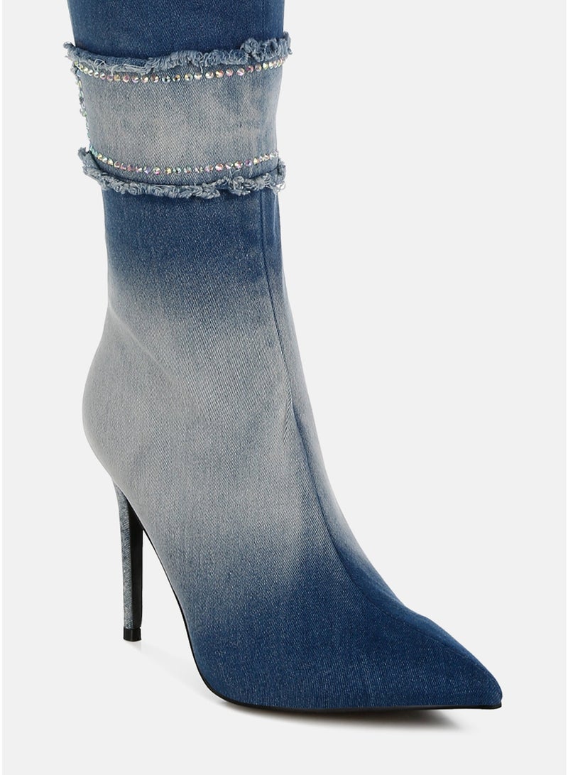 London Rag Rhinestones Knee High Denim Boots in Dark Blue - Image 4